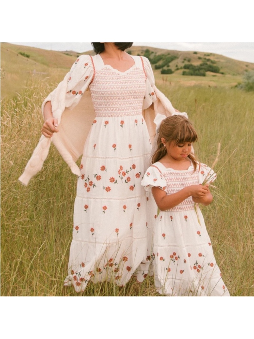 Ivy City Co Cream Midi Dress with Pink and Orange Floral Embroidery